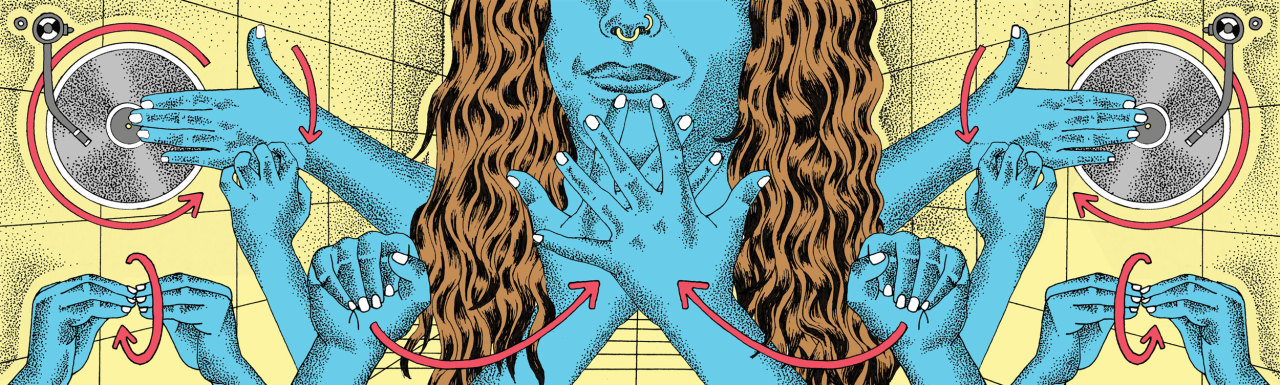 Illustration de Célia Callois pour Causette : portrait stylisé d'une figure aux multiples mains exécutant des signes en langue des signes, sur fond jaune avec flèches corail.